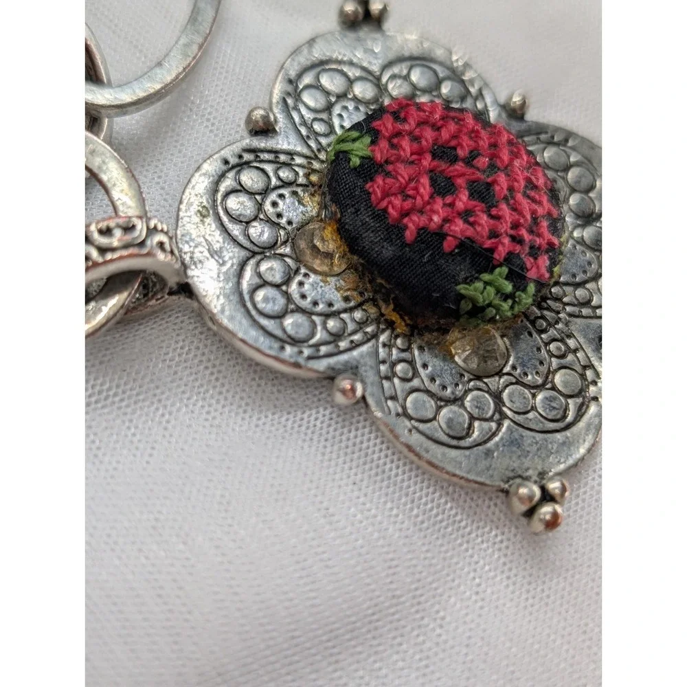 Vintage H. DUBIN Signed Silver Tone Quatrefoil Cross Stitch Embroidered Flower
